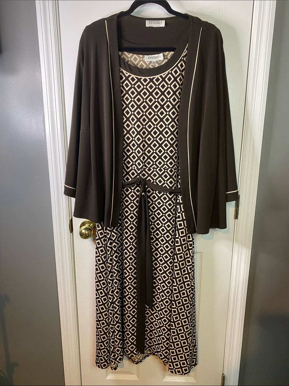Studio 1 Dress With Jacket Size 24 Wide Brown And Tan Maxi.